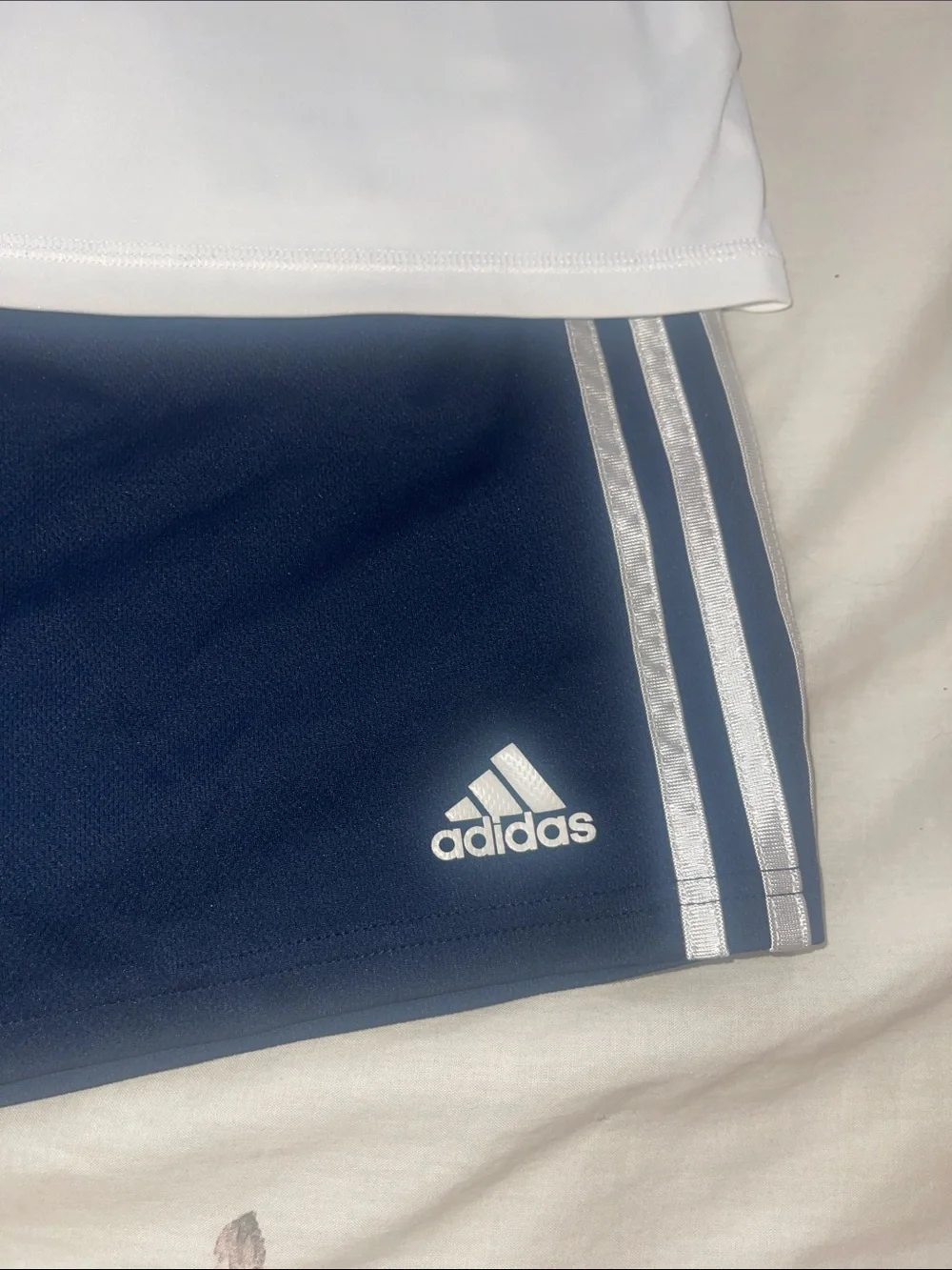 adidas White Tee with Neon Green Logo and Blue Wordmark